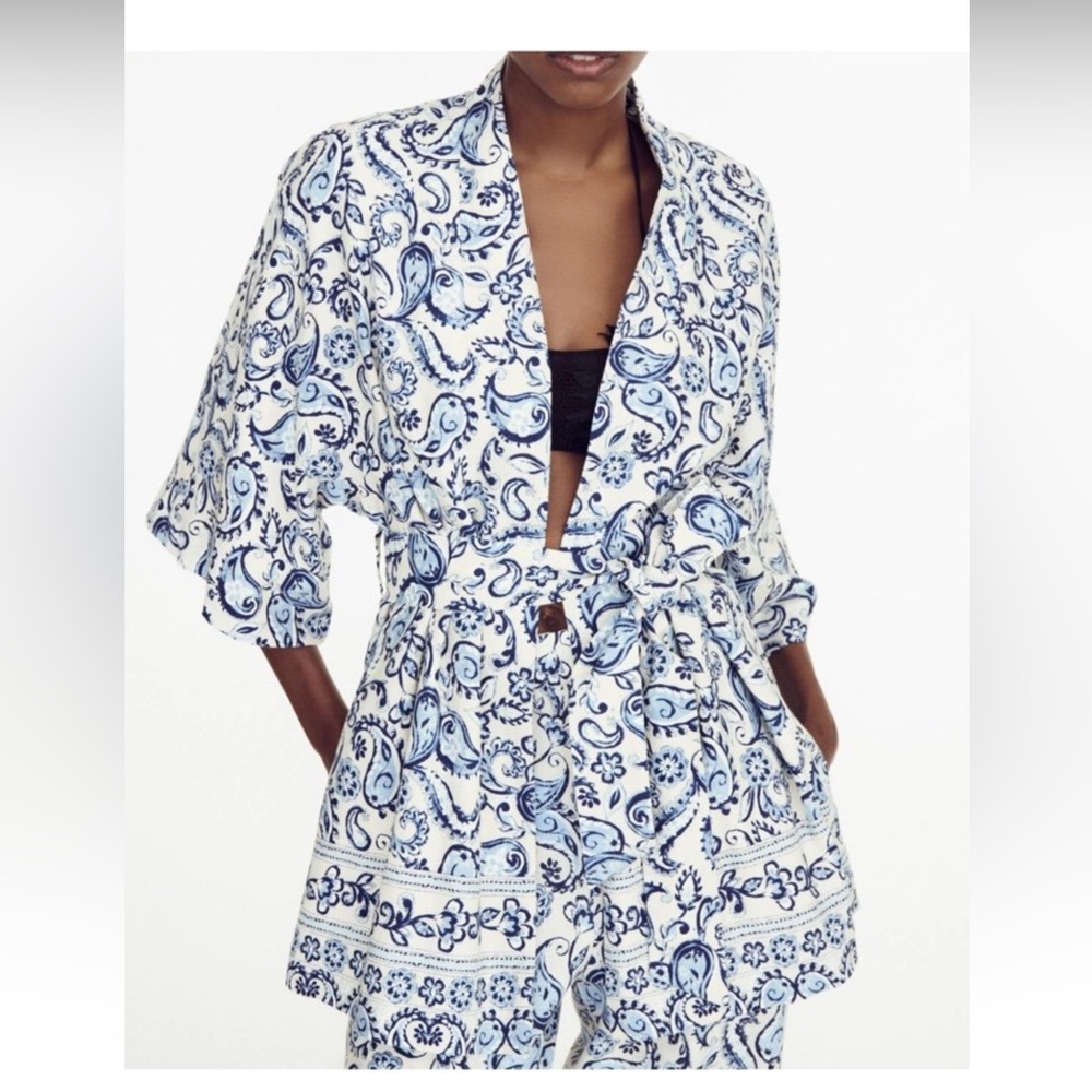 Zara Blue and White Paisley Kimono Jacket XS-S NWT